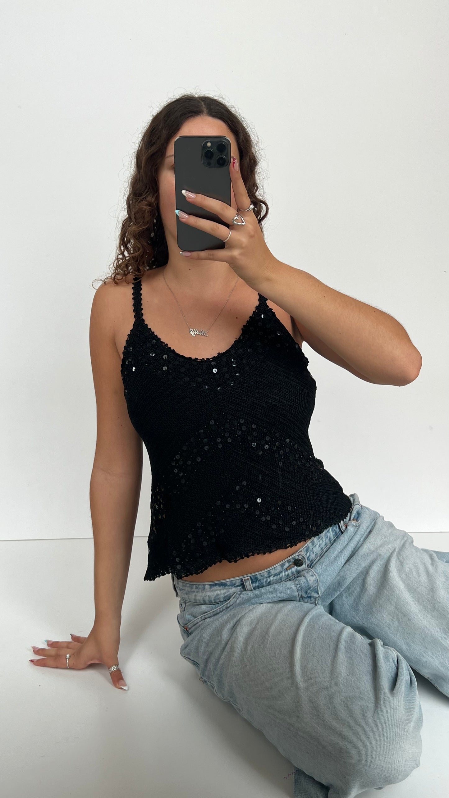 00s black crochet sequin cami- size M