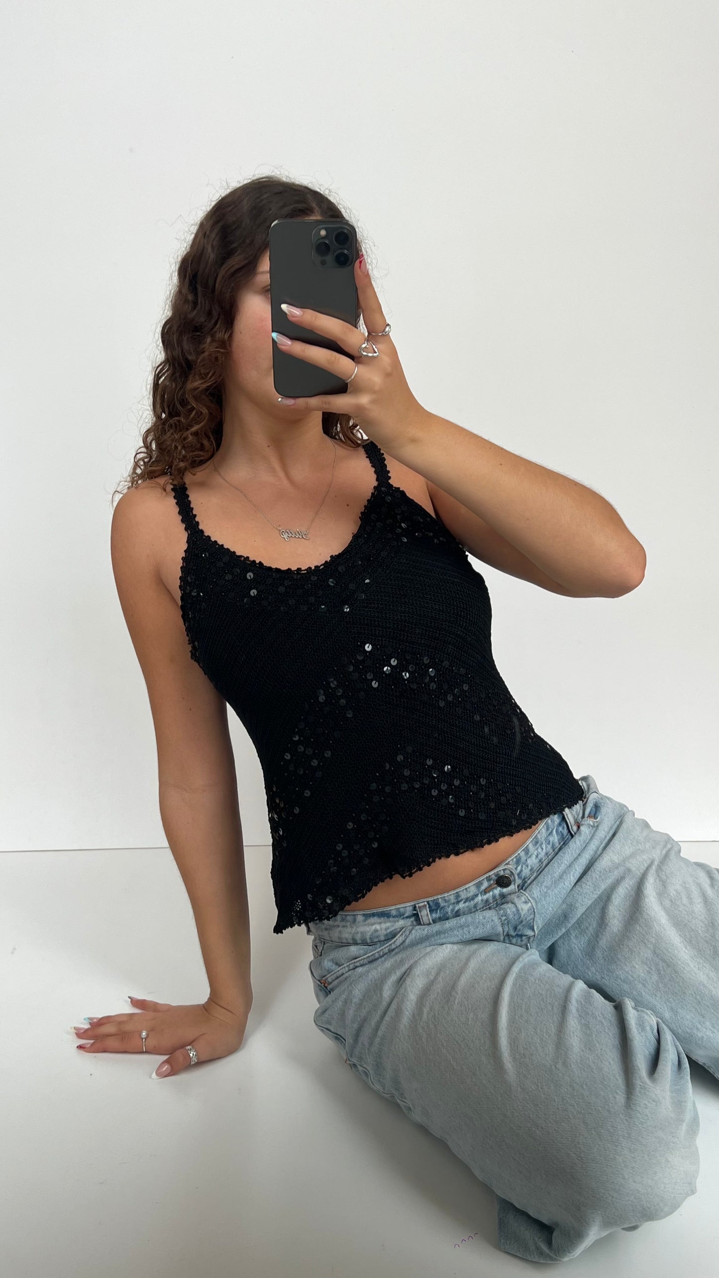 00s black crochet sequin cami- size M