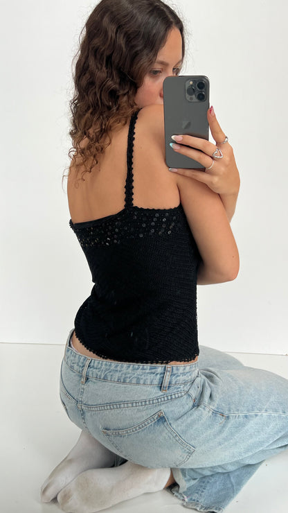 00s black crochet sequin cami- size M
