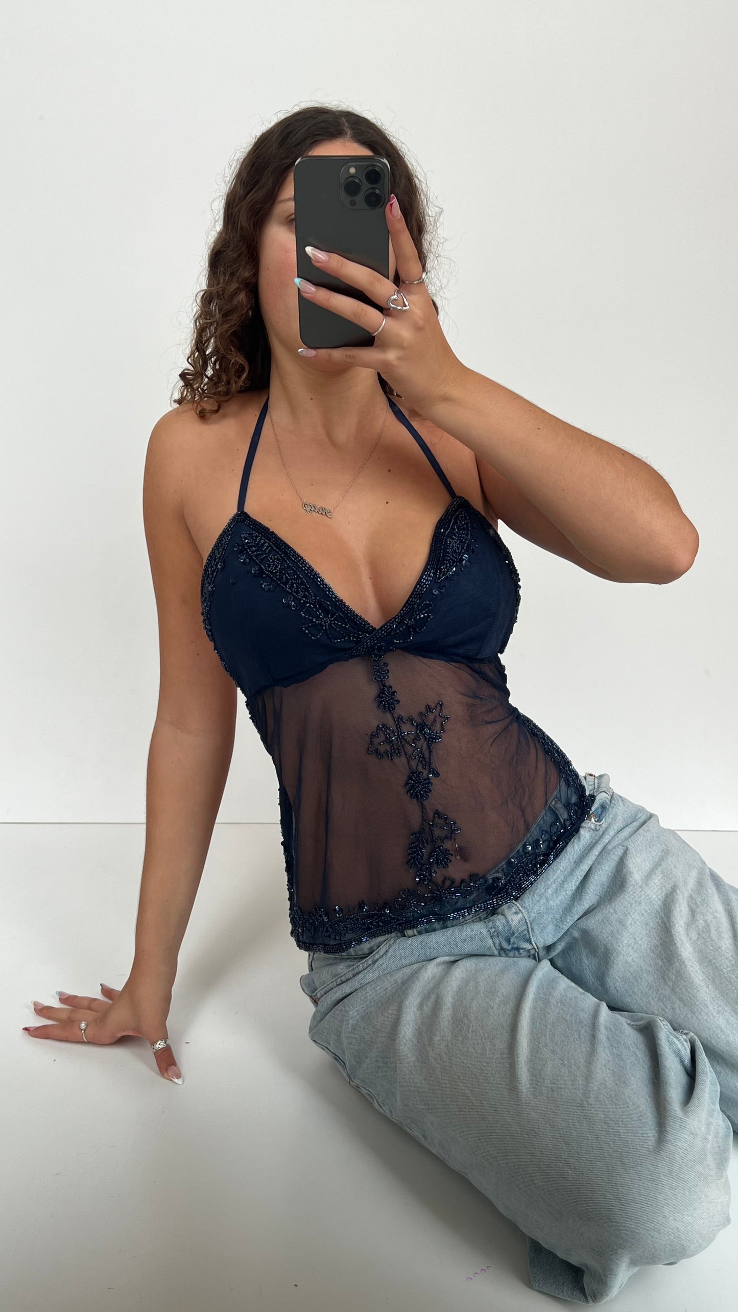 00s navy beaded cami- size XL