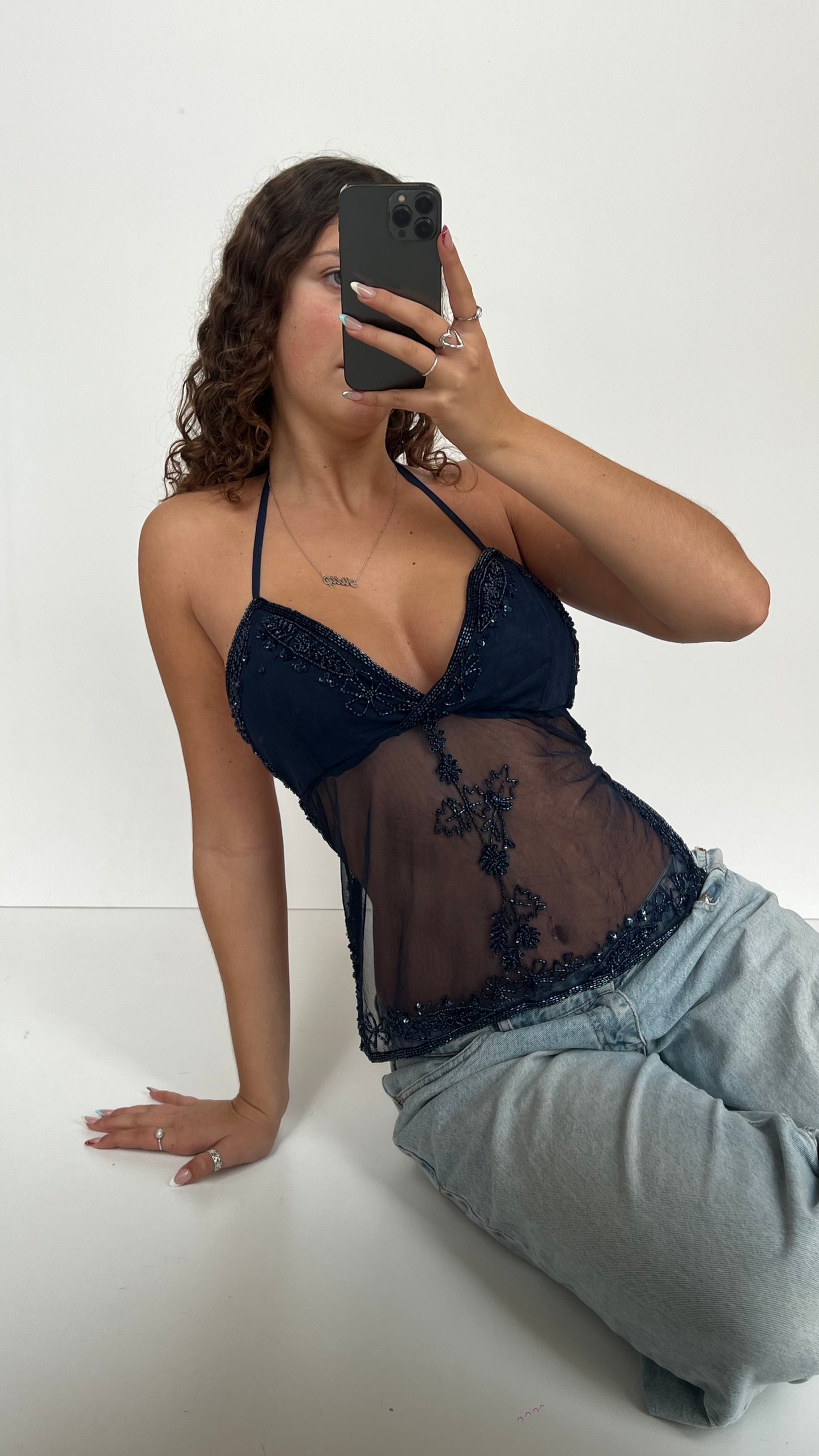 00s navy beaded cami- size XL