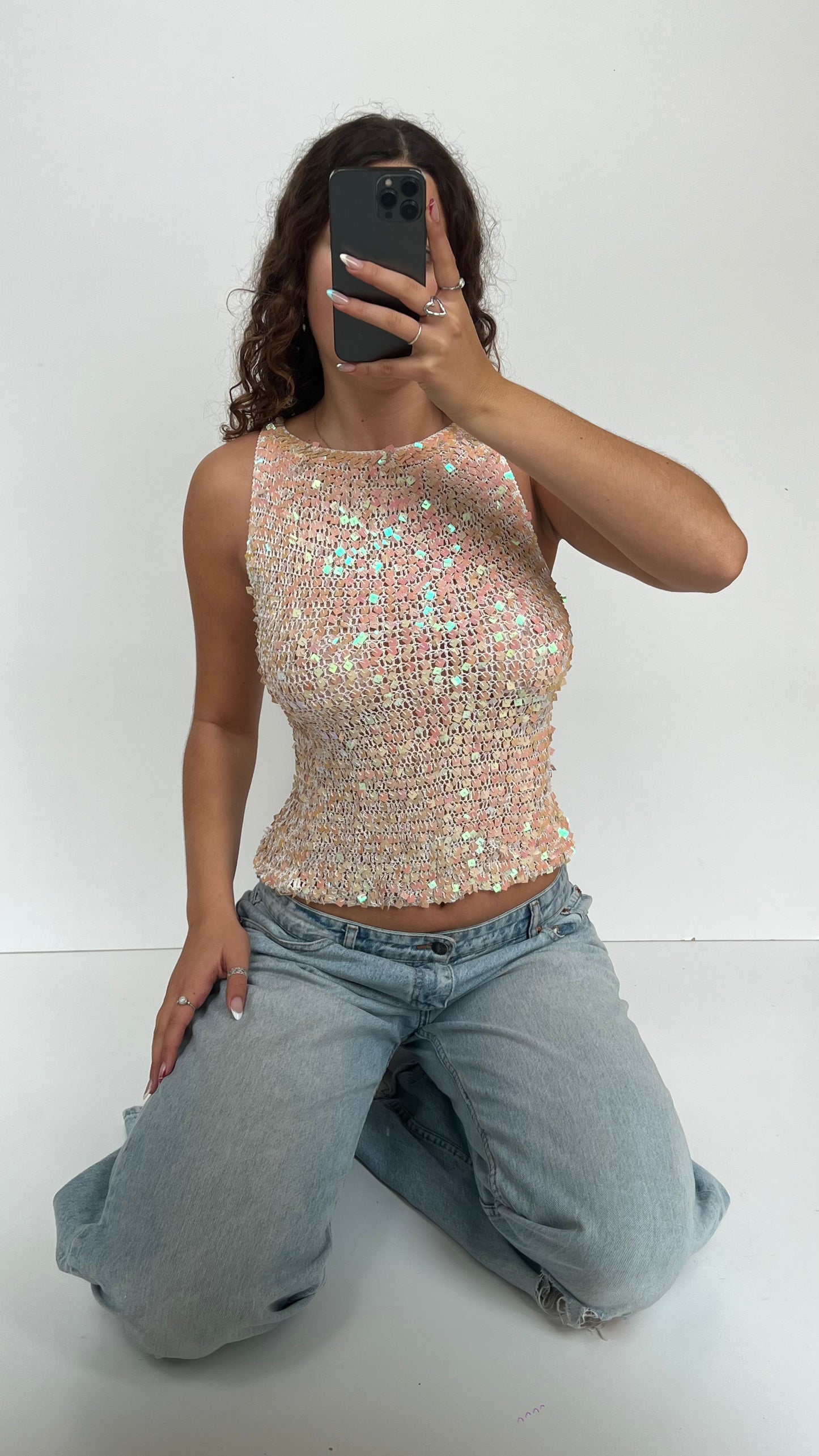 00s white crochet sequin top- size M
