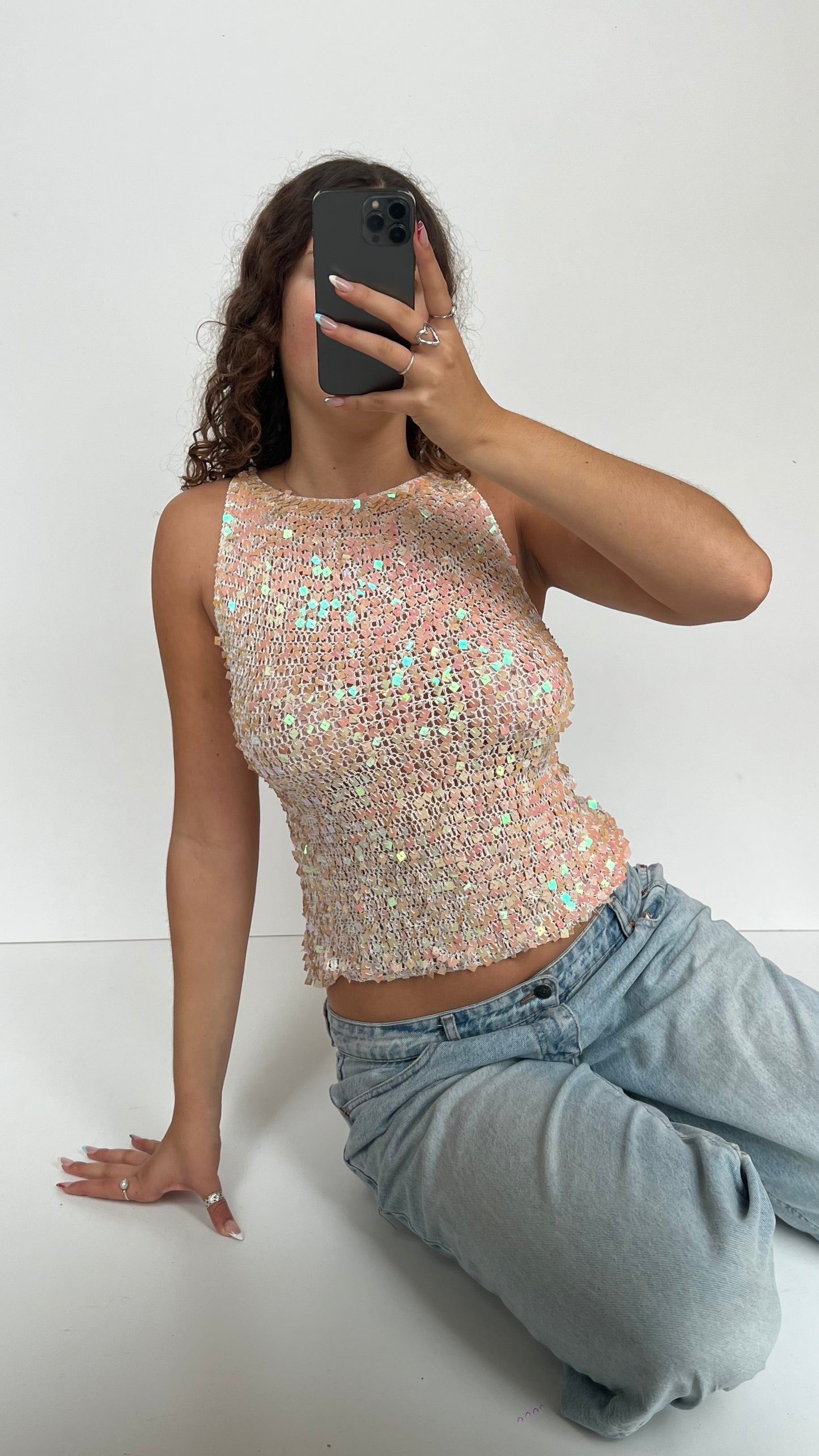 00s white crochet sequin top- size M