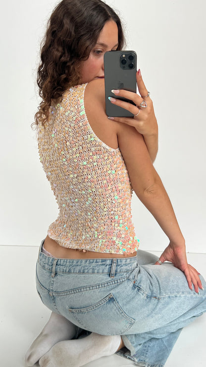 00s white crochet sequin top- size M