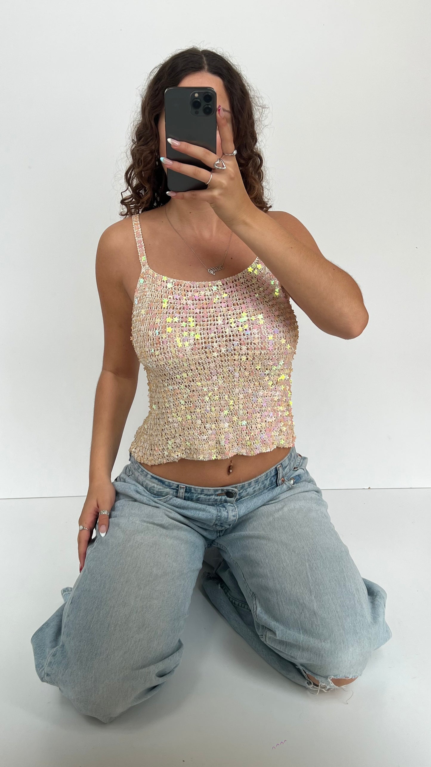 00s white crochet sequin cami- size S