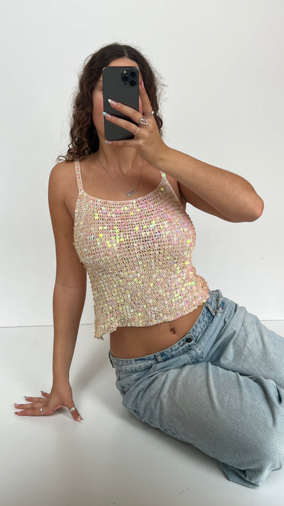 00s white crochet sequin cami- size S