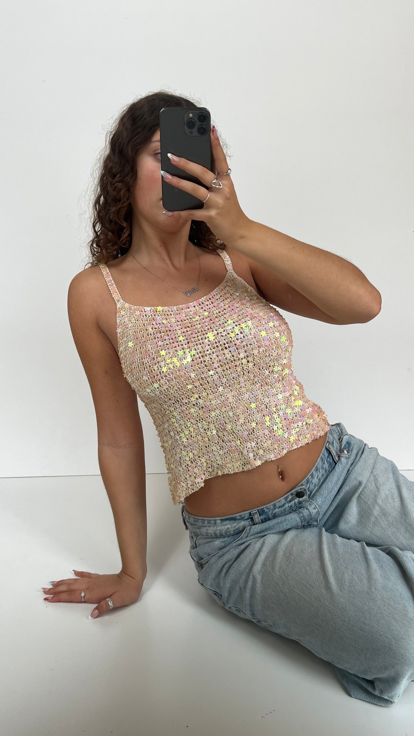 00s white crochet sequin cami- size S