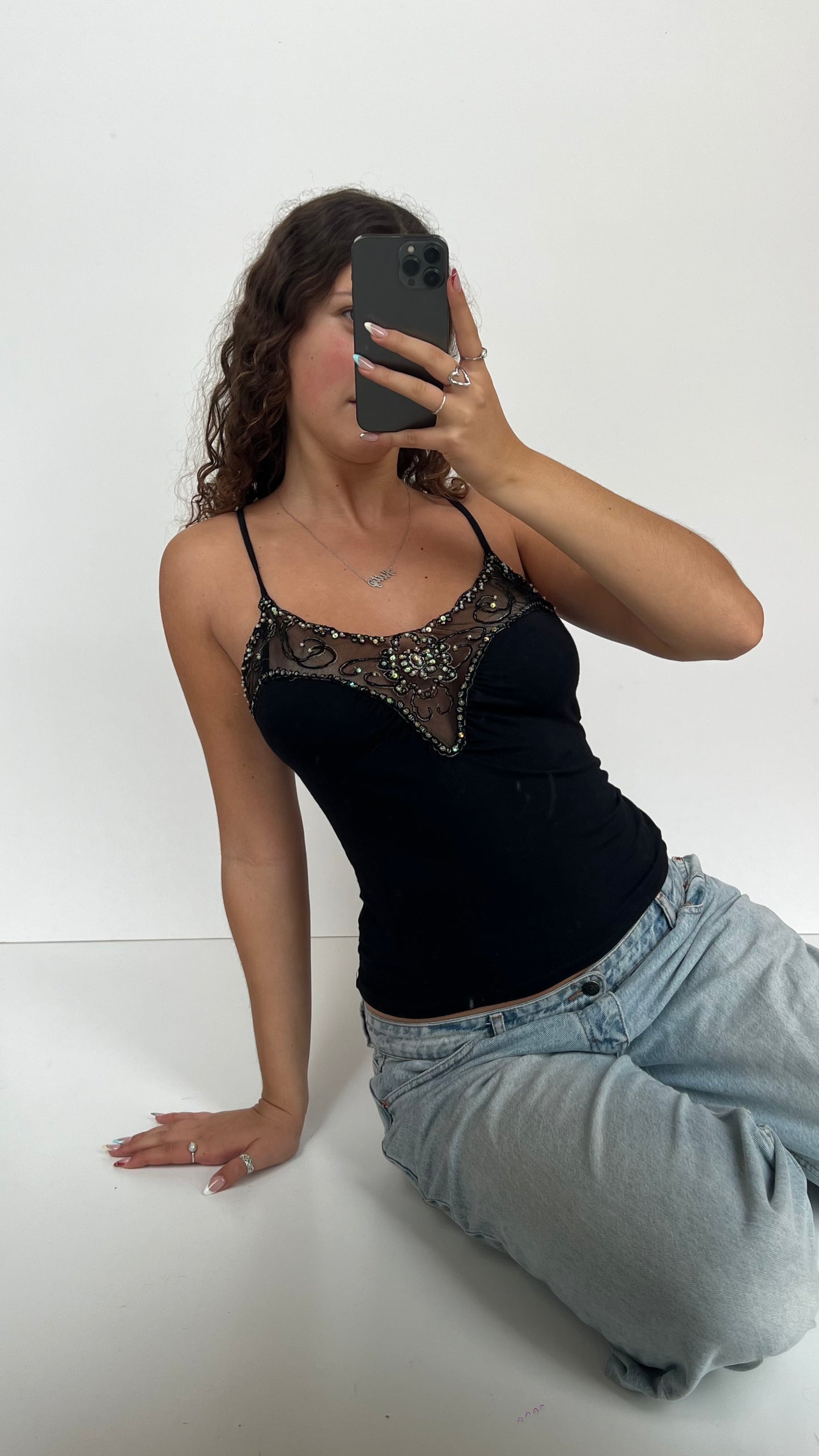 00s black sequin lace cami- size M