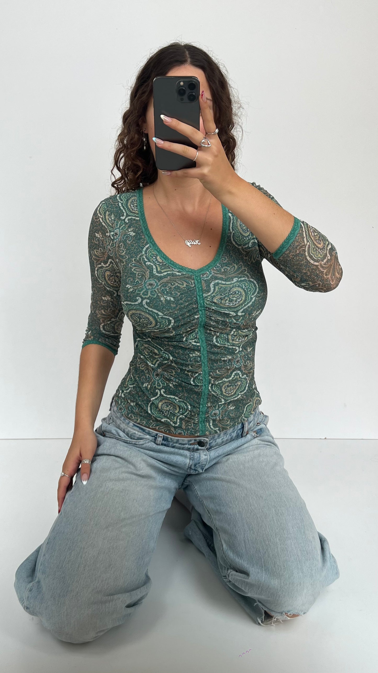 00s blue paisley mesh top- size S/M