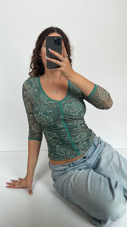 00s blue paisley mesh top- size S/M