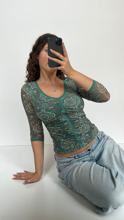 00s blue paisley mesh top- size S/M