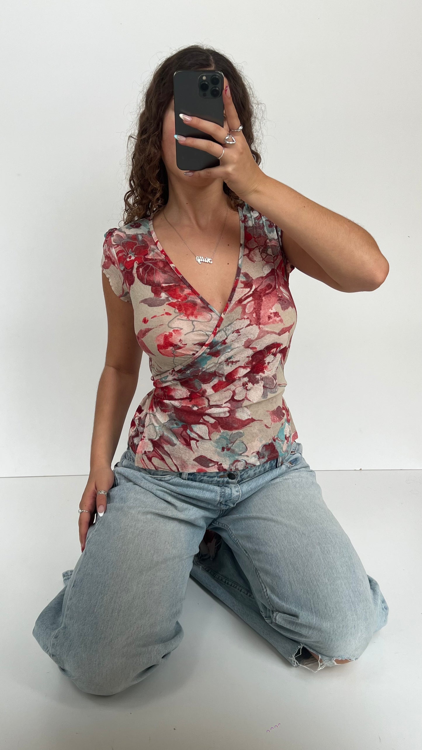 00s red floral mesh babydoll top- size L