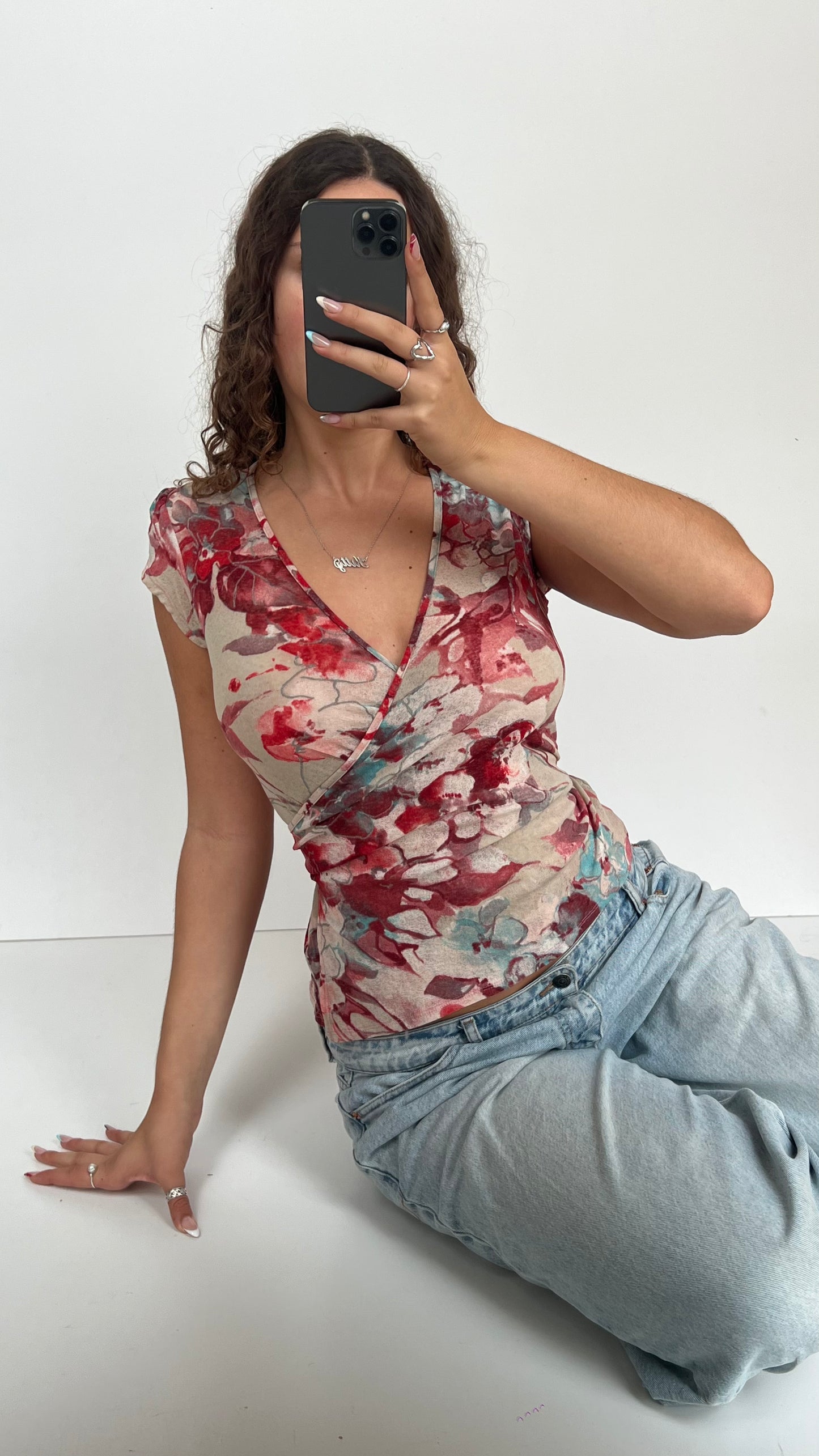 00s red floral mesh babydoll top- size L