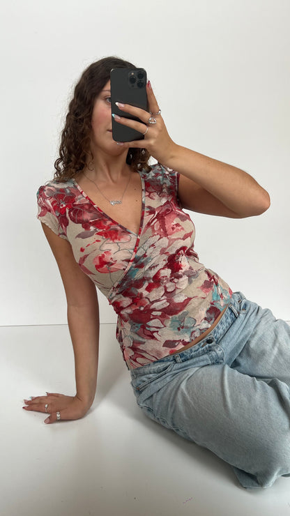 00s red floral mesh babydoll top- size L