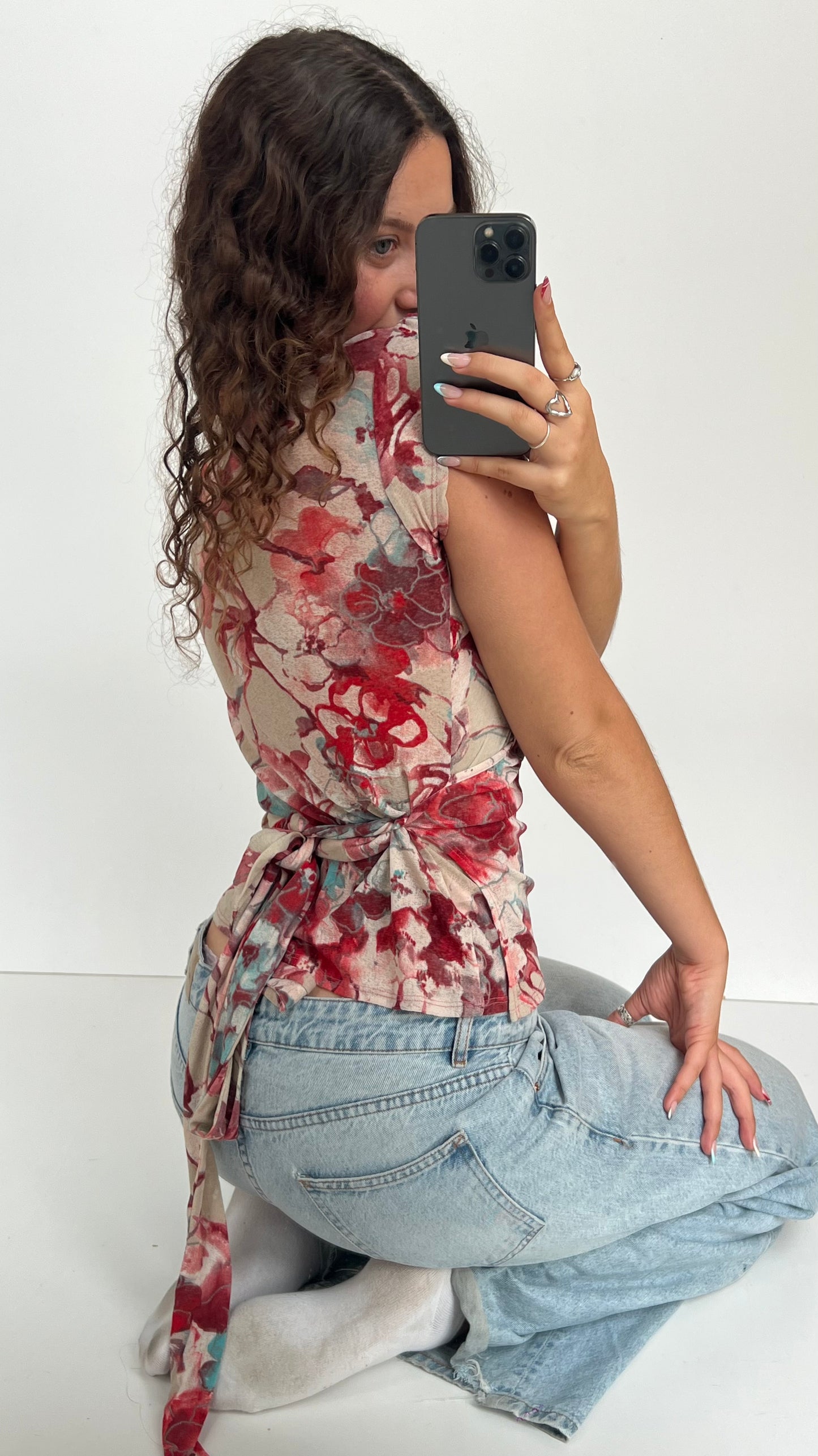 00s red floral mesh babydoll top- size L