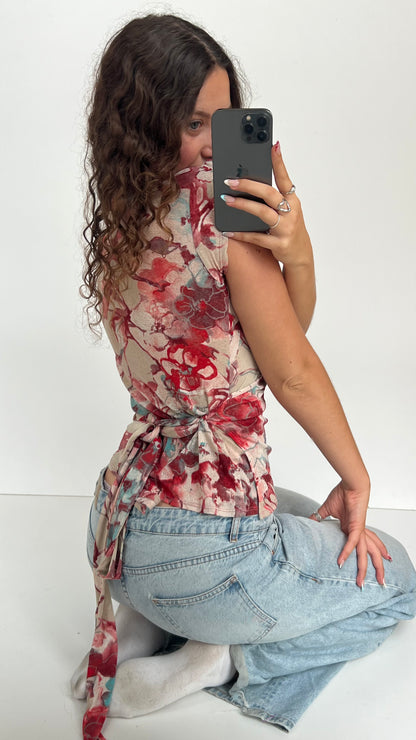 00s red floral mesh babydoll top- size L