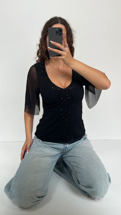 00s black mesh beaded top- size M