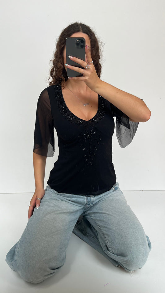 00s black mesh beaded top- size M