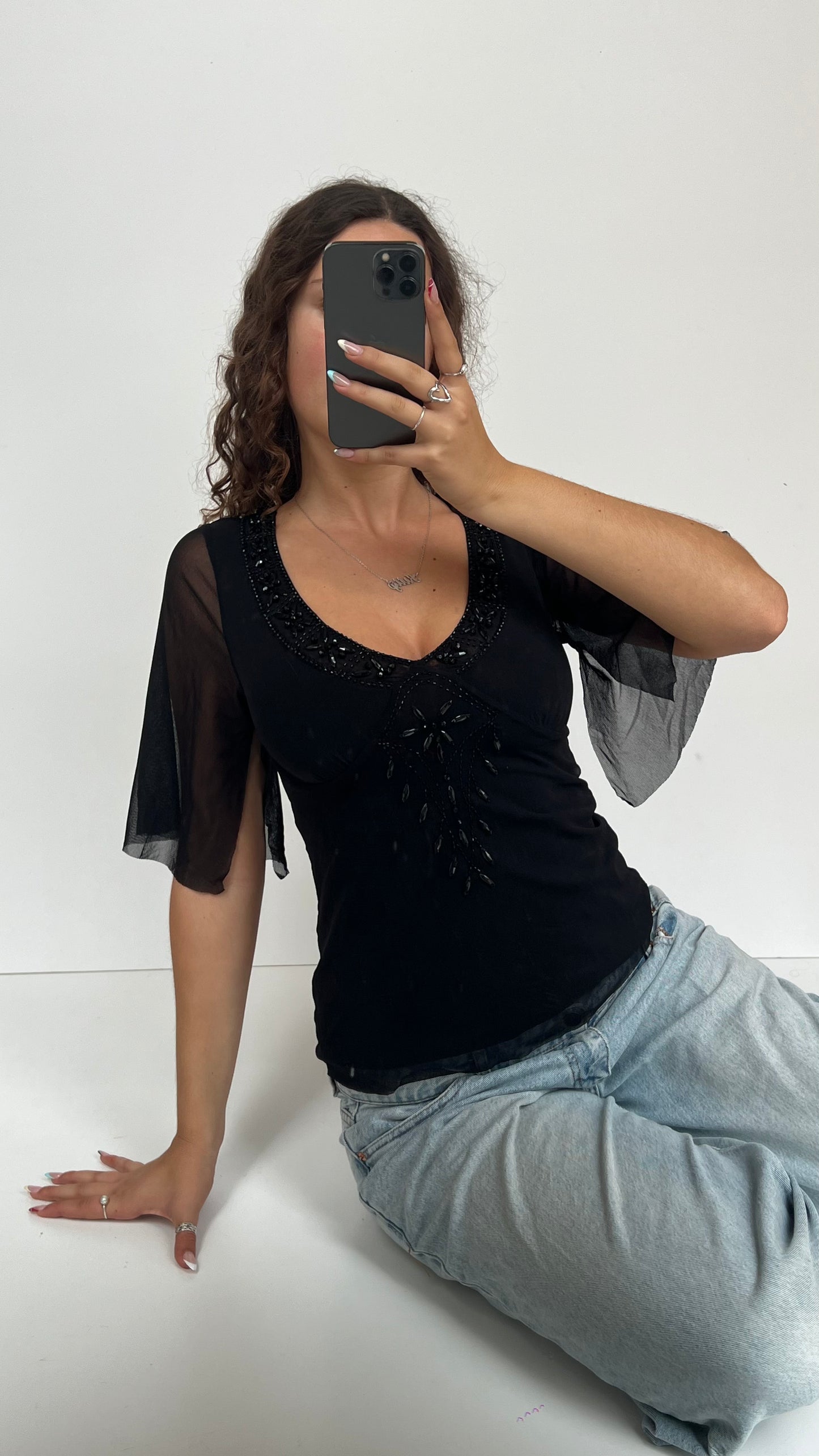 00s black mesh beaded top- size M