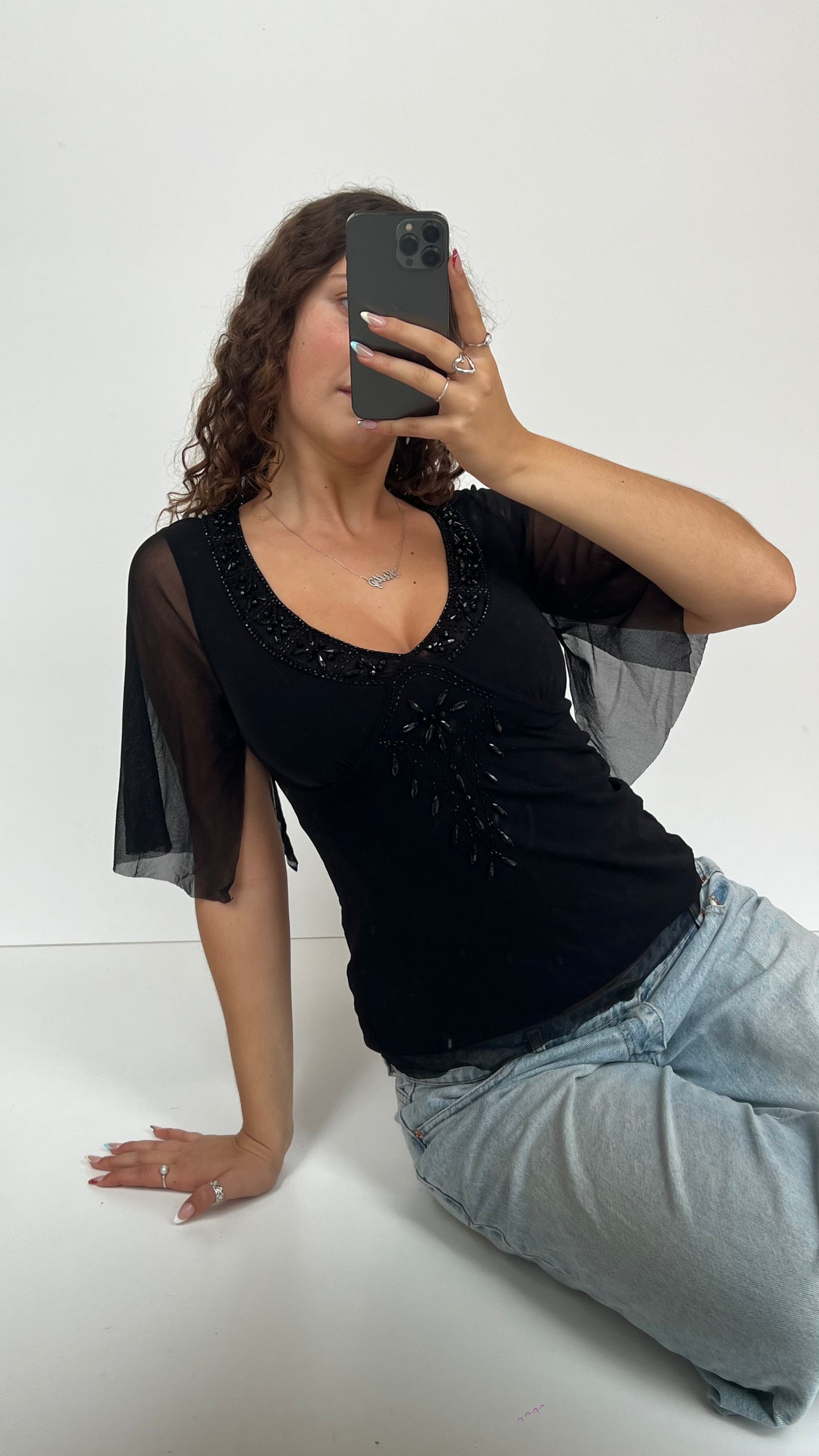 00s black mesh beaded top- size M