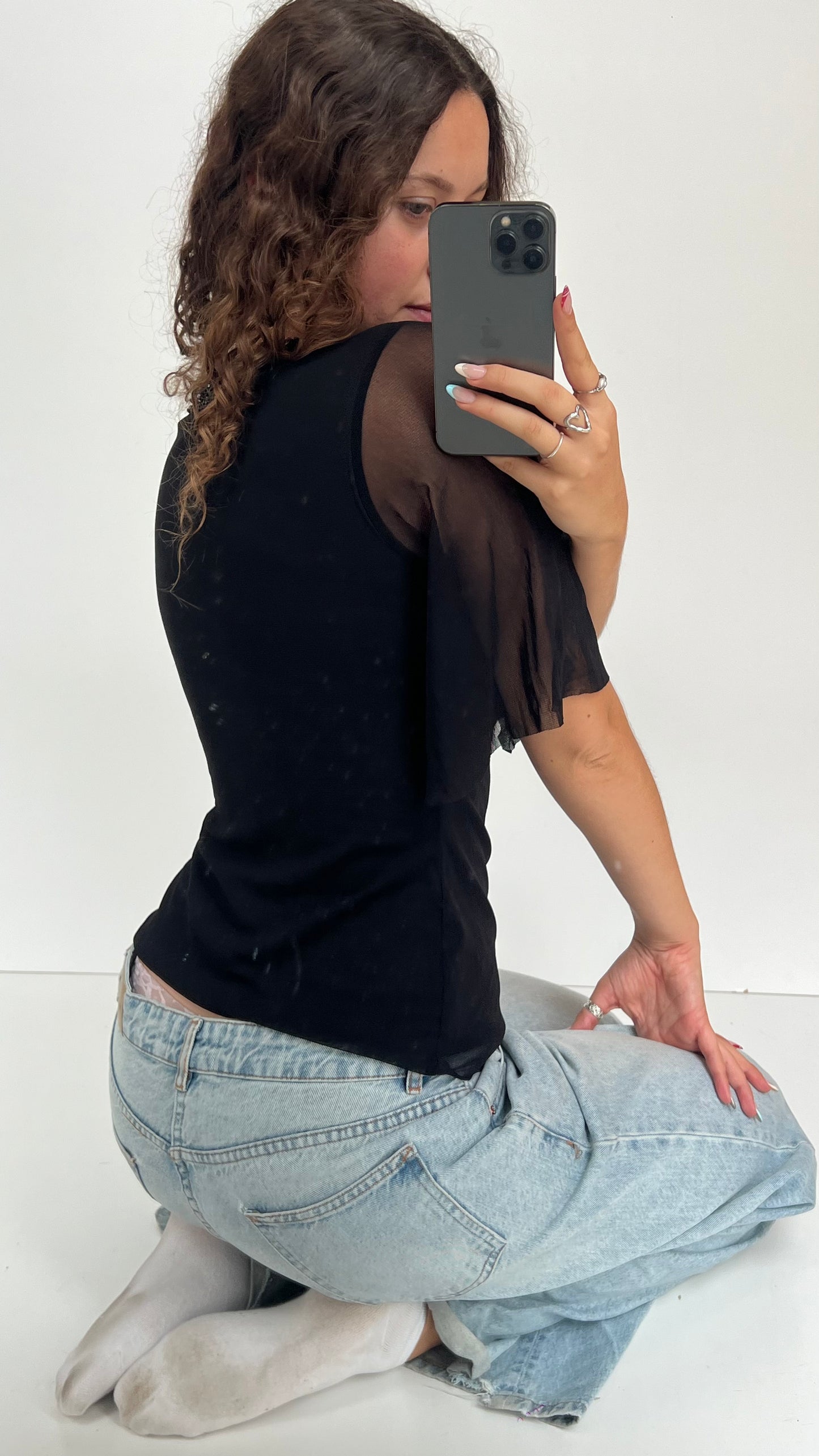 00s black mesh beaded top- size M