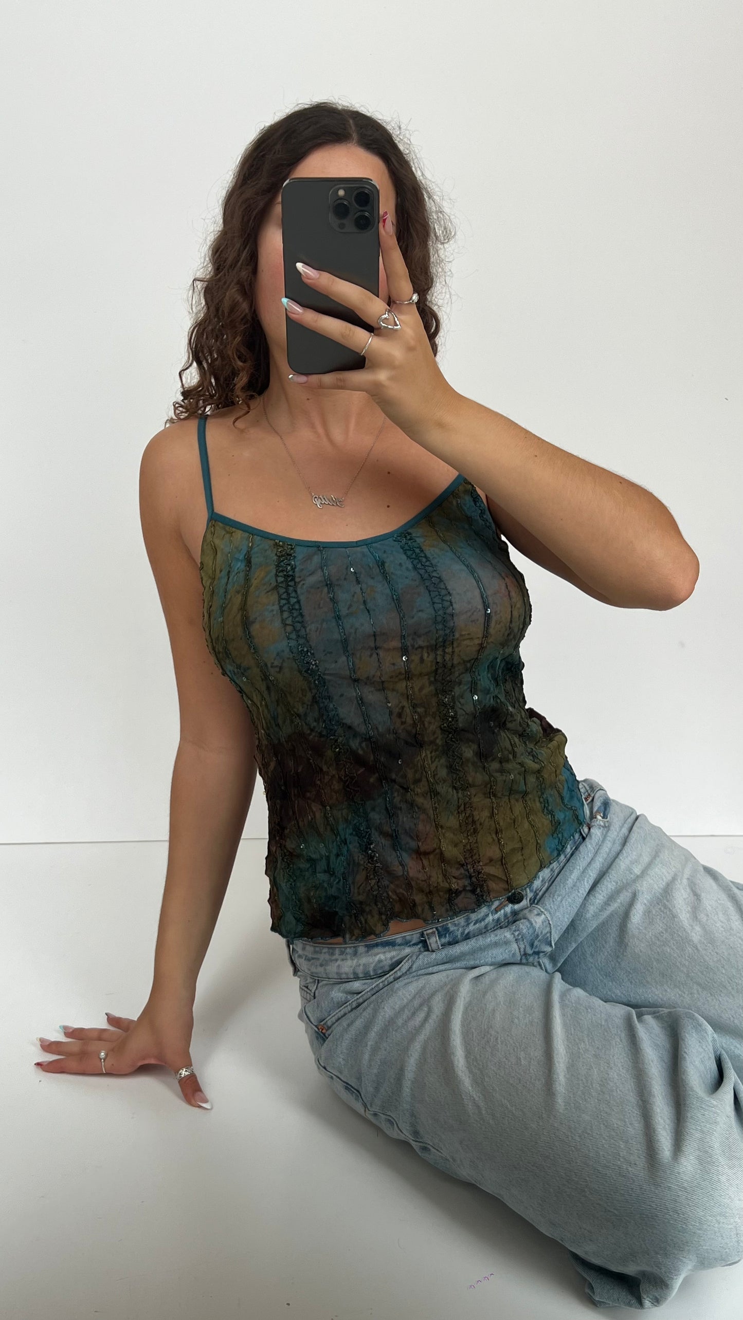 00s blue brown mesh sequin cami- size L