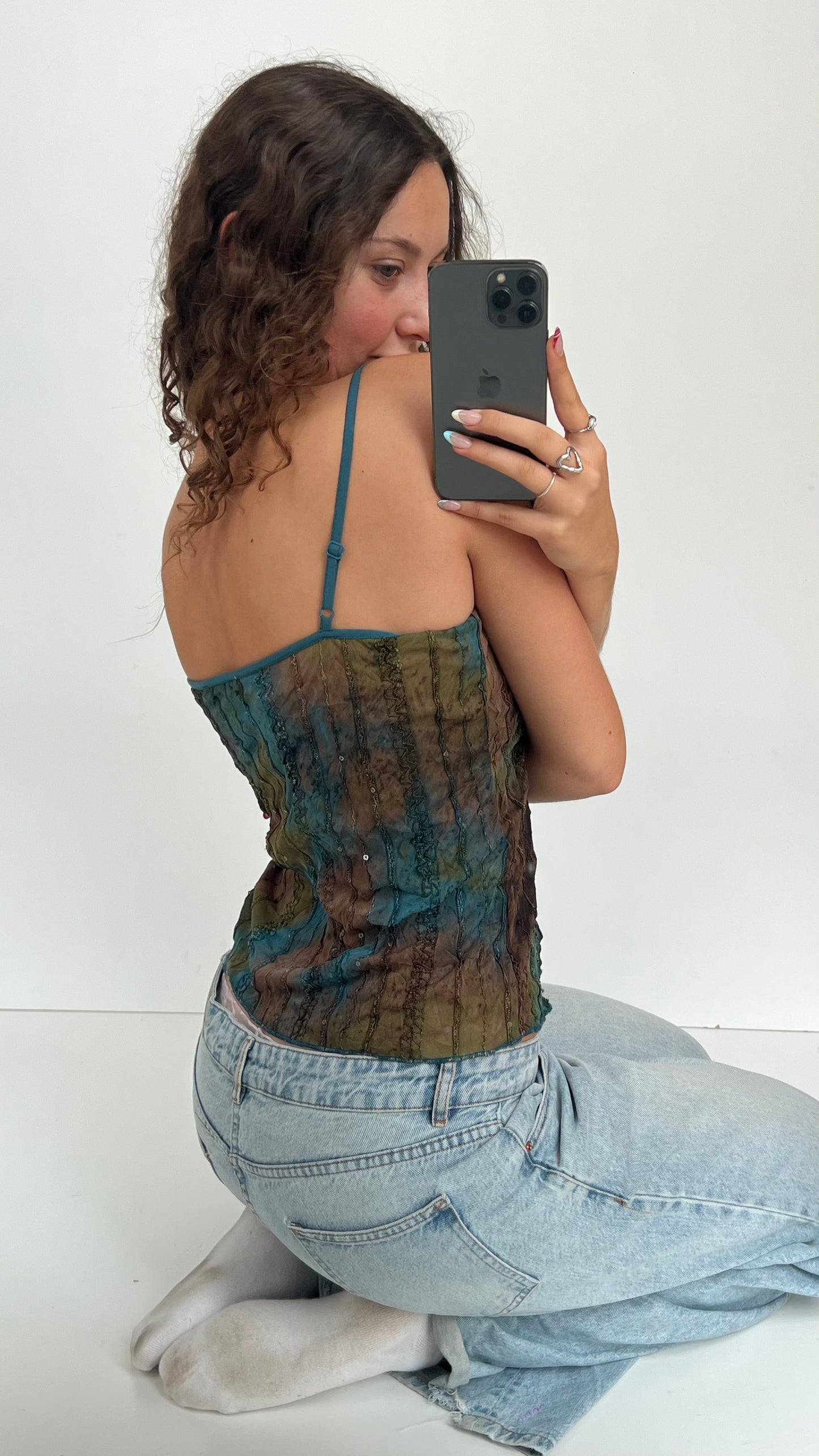 00s blue brown mesh sequin cami- size L