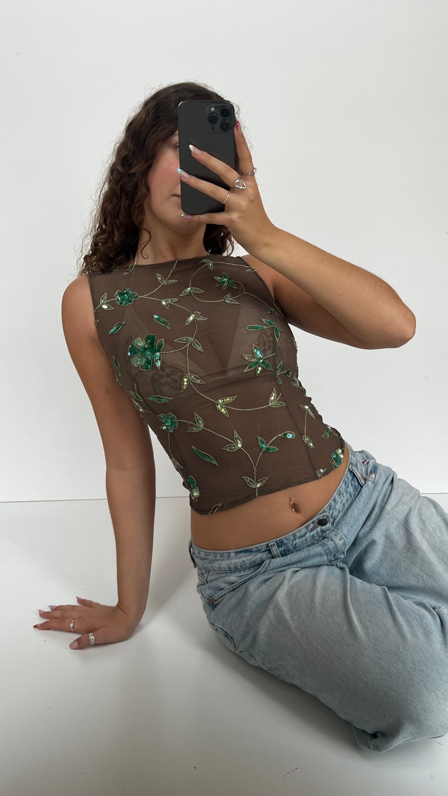 00s khaki sequin top- size S