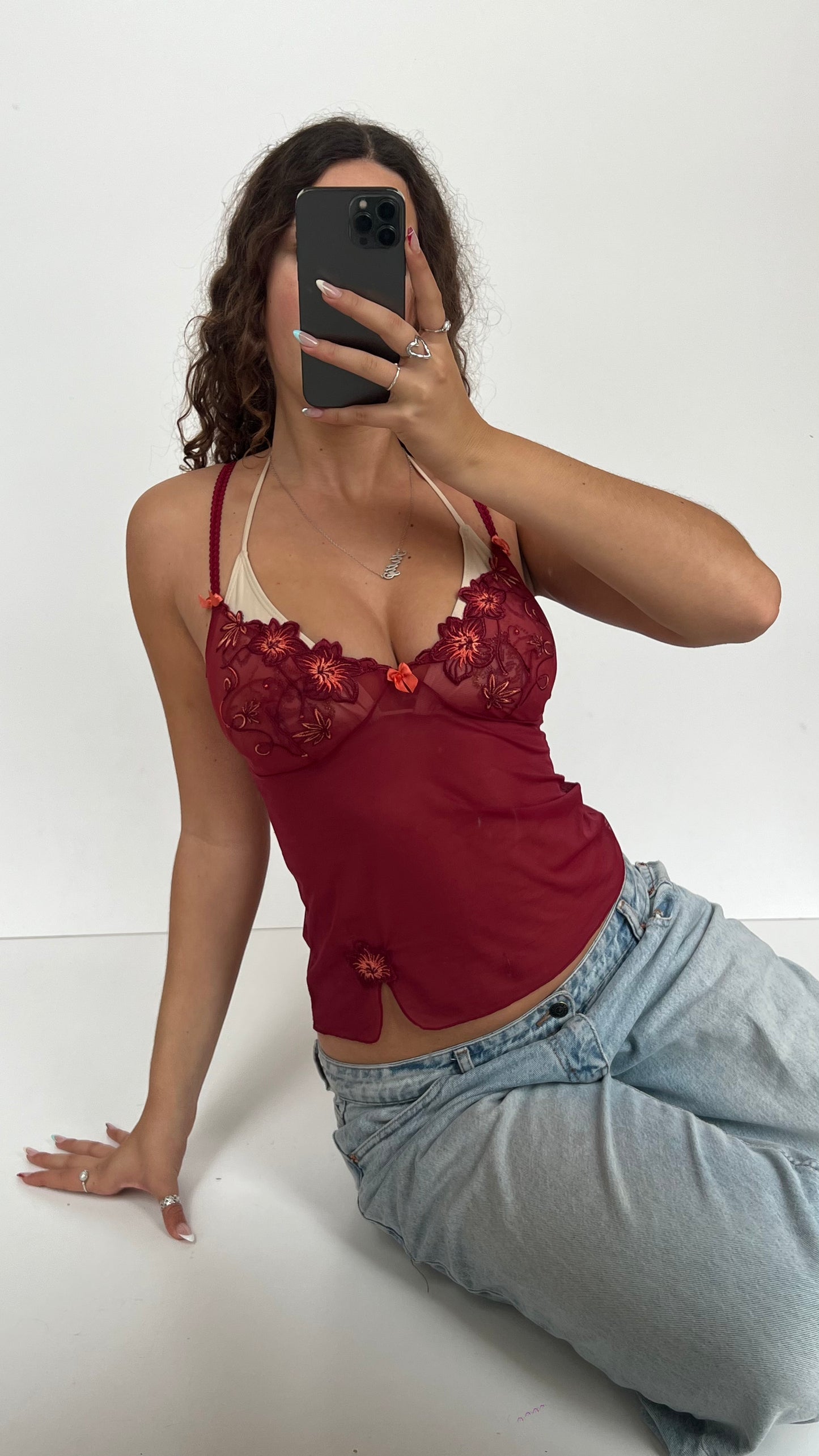 00s red mesh floral cami- size M