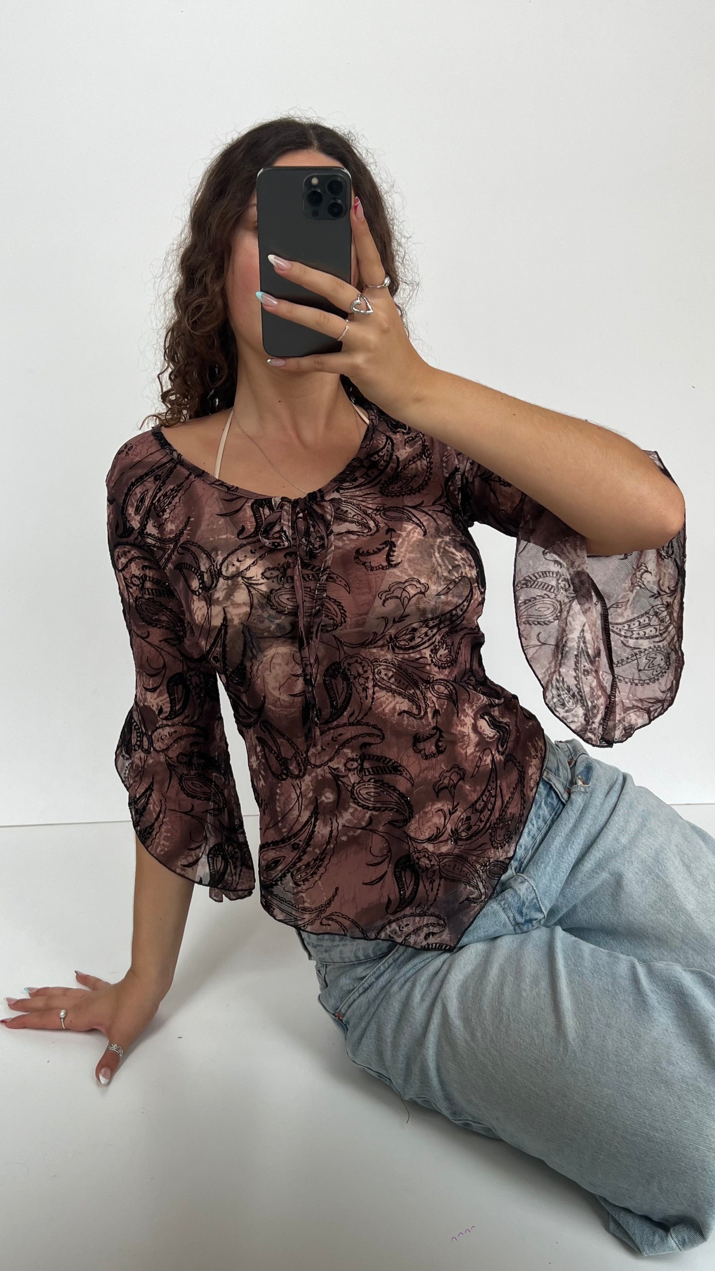 00s brown paisley mesh top- size M