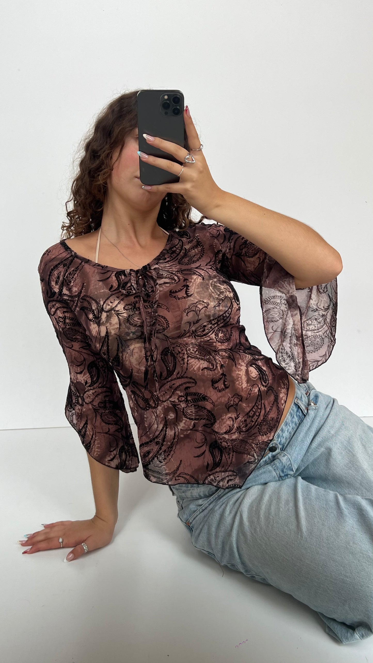 00s brown paisley mesh top- size M