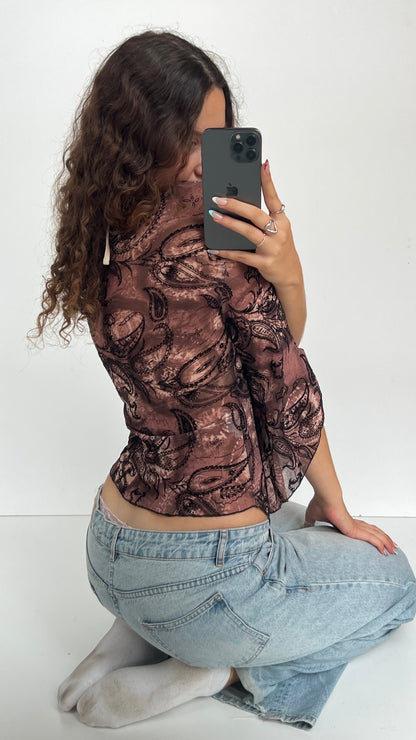 00s brown paisley mesh top- size M