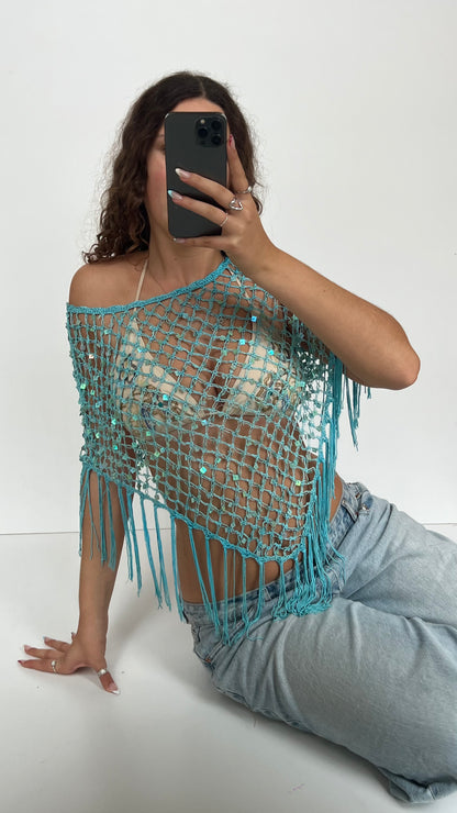 00s blue sequin crochet top- one size