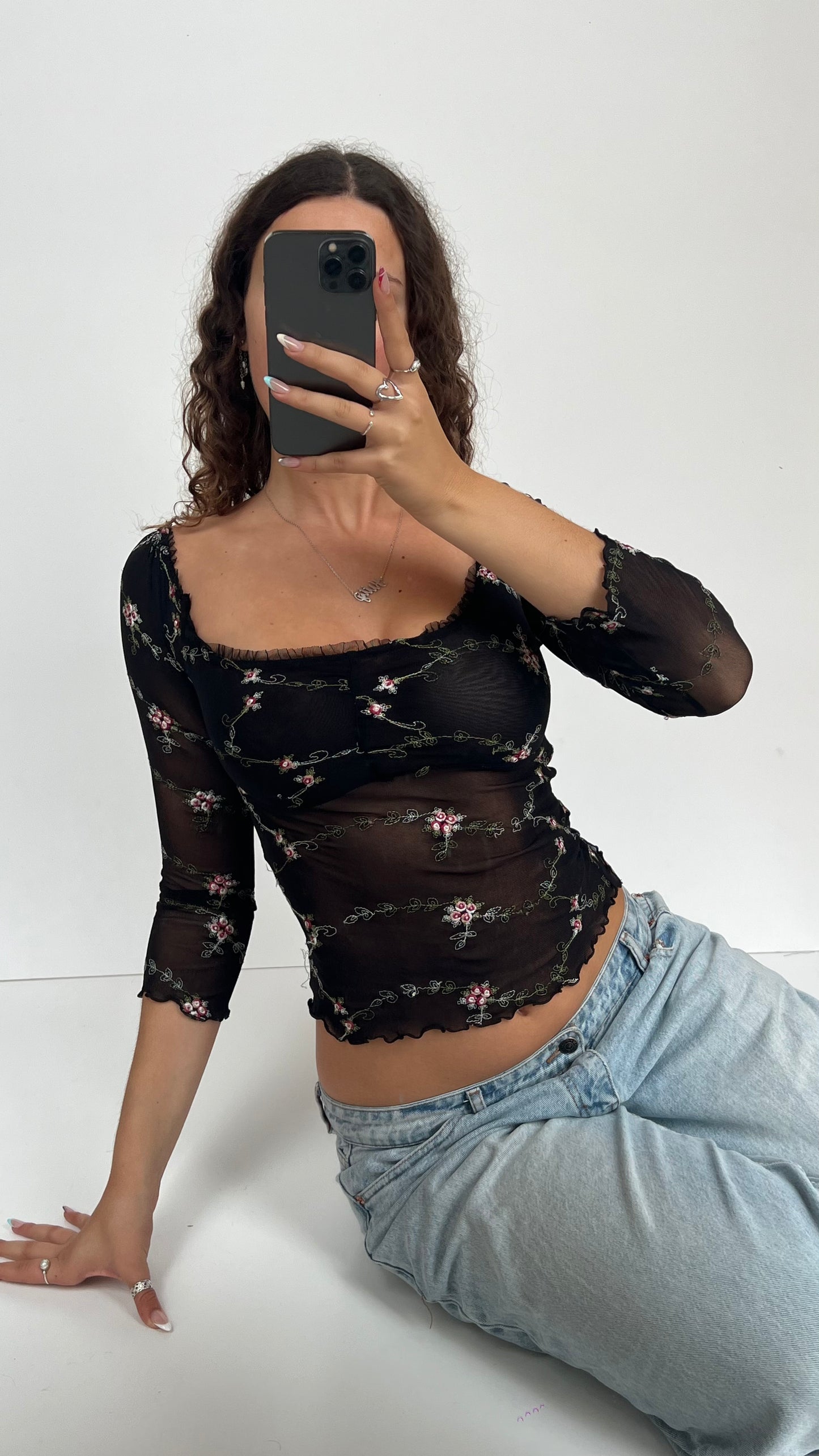 00s black mesh floral top- size XS