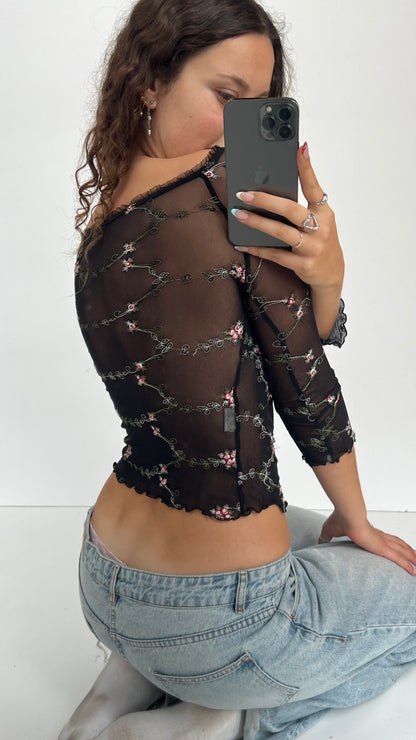 00s black mesh floral top- size XS