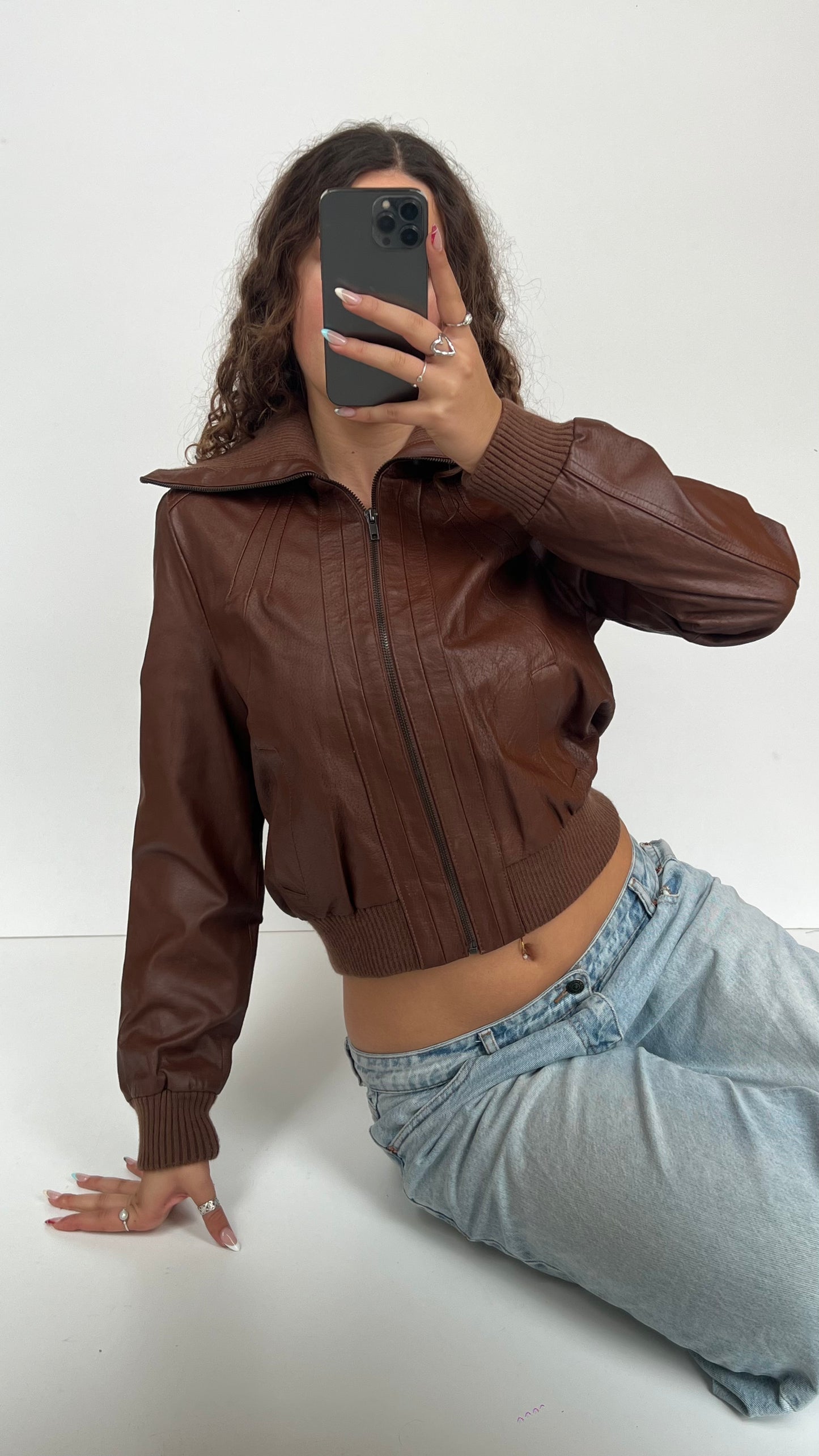 00s brown leather jacket- size L