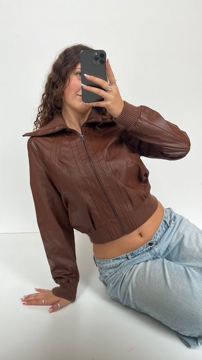 00s brown leather jacket- size L