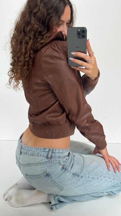 00s brown leather jacket- size L