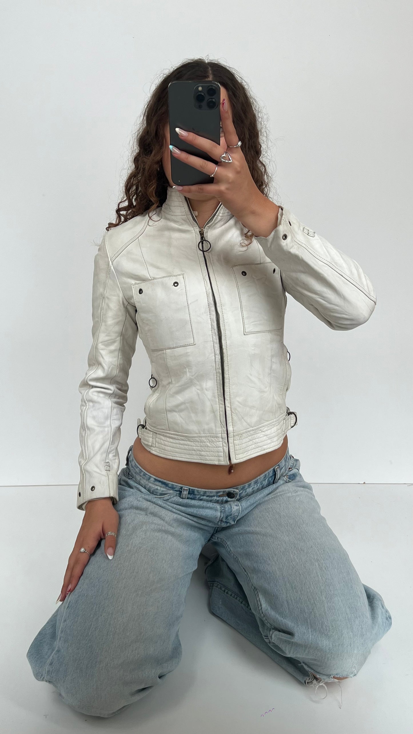 00s white leather jacket- size XS