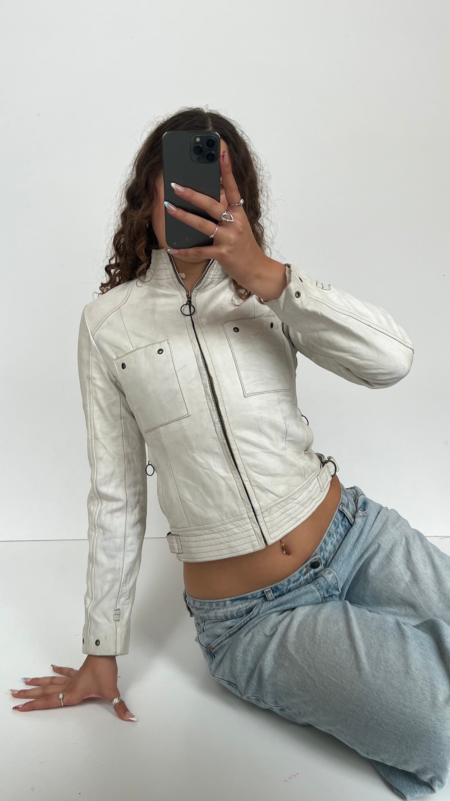 00s white leather jacket- size XS