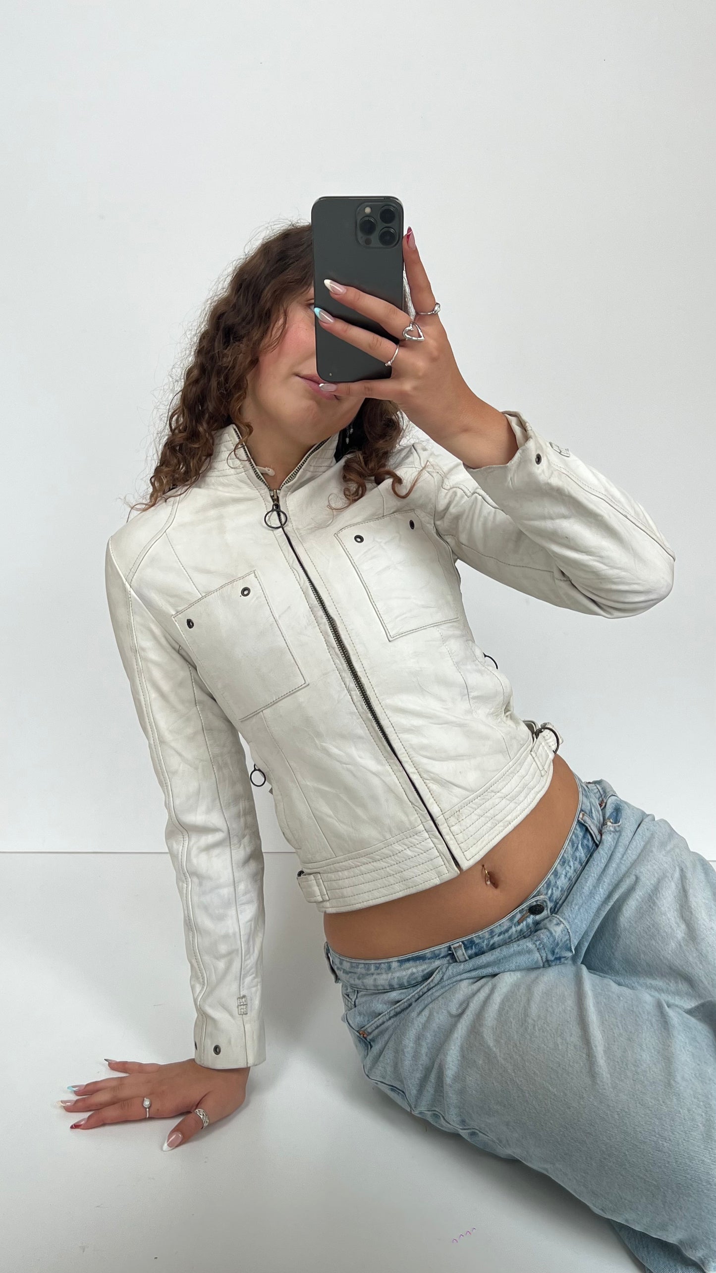 00s white leather jacket- size XS