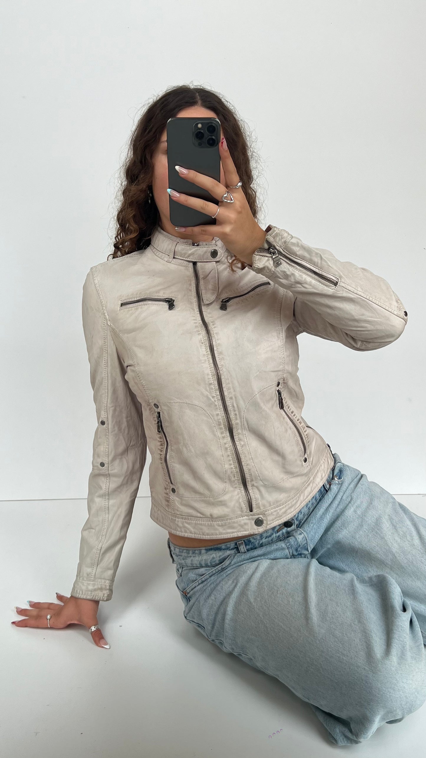 00s white leather jacket- size M
