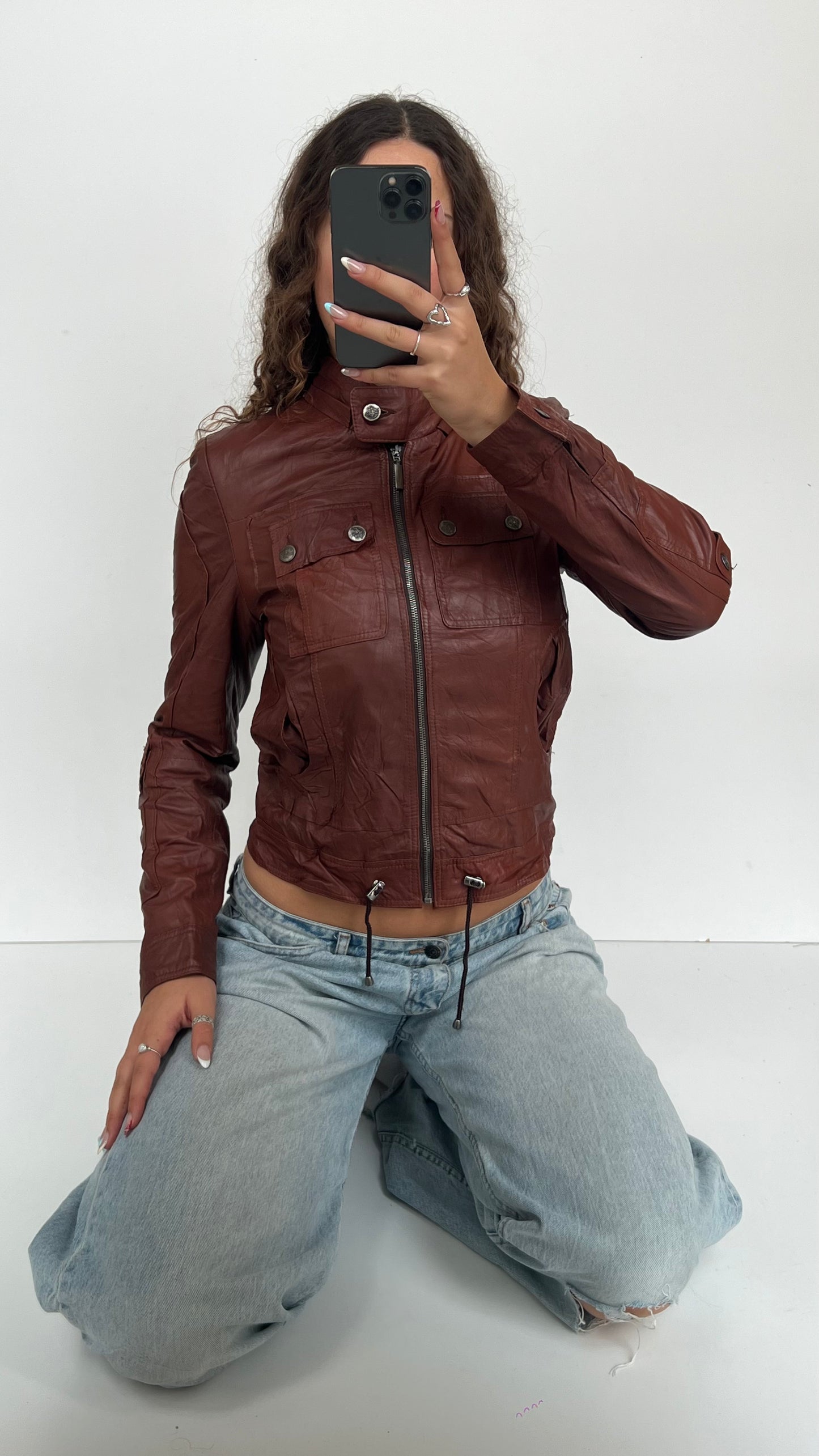 00s burgundy brown leather jacket- size M