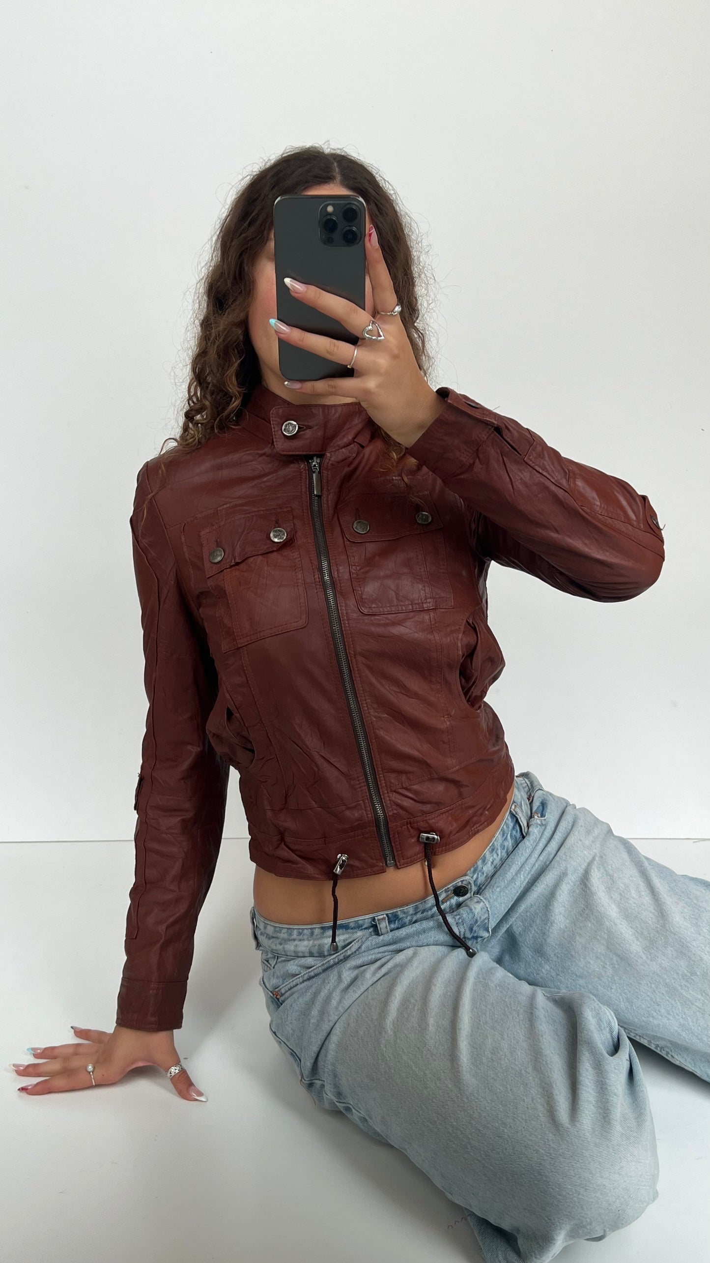 00s burgundy brown leather jacket- size M