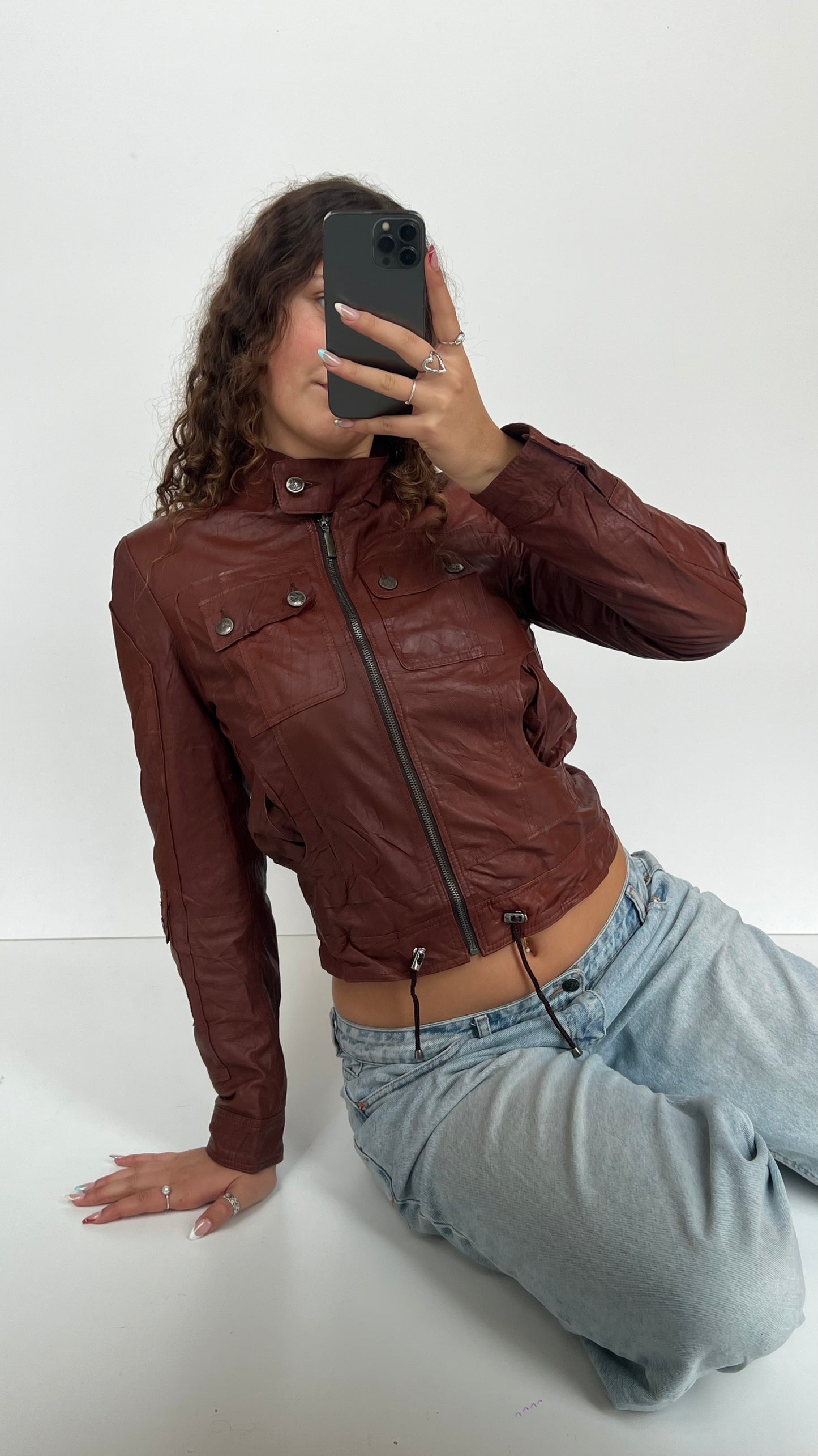 00s burgundy brown leather jacket- size M