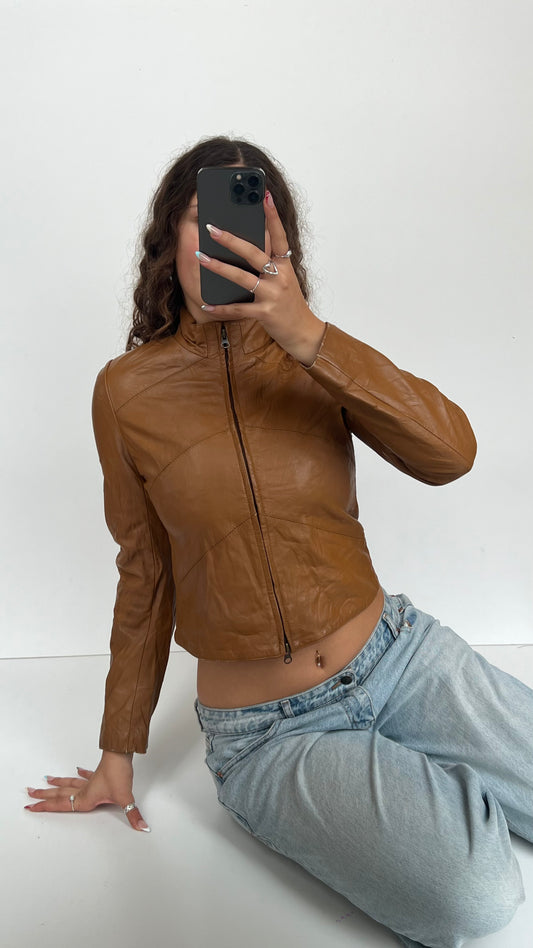 00s brown leather jacket- size S