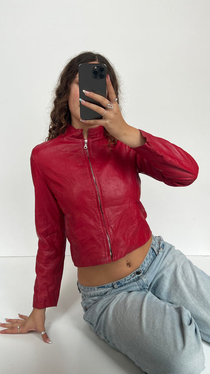 00s red leather jacket- size L
