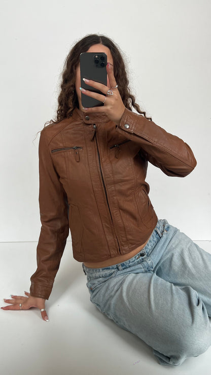 00s brown leather jacket- size M