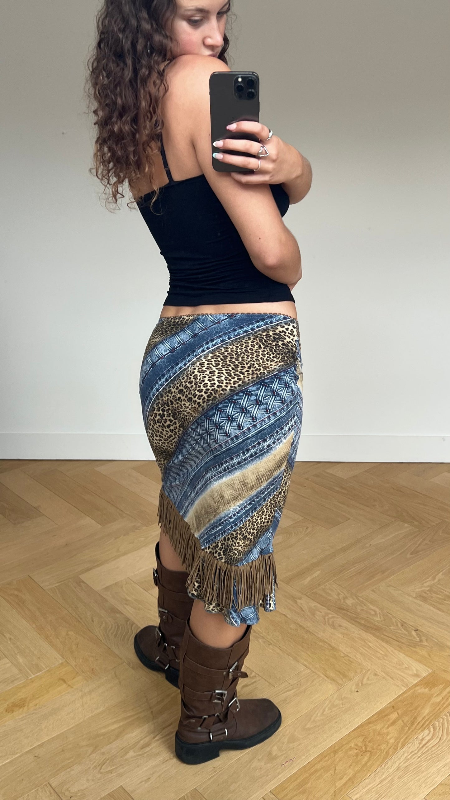 00s leopard blue midi skirt- size S