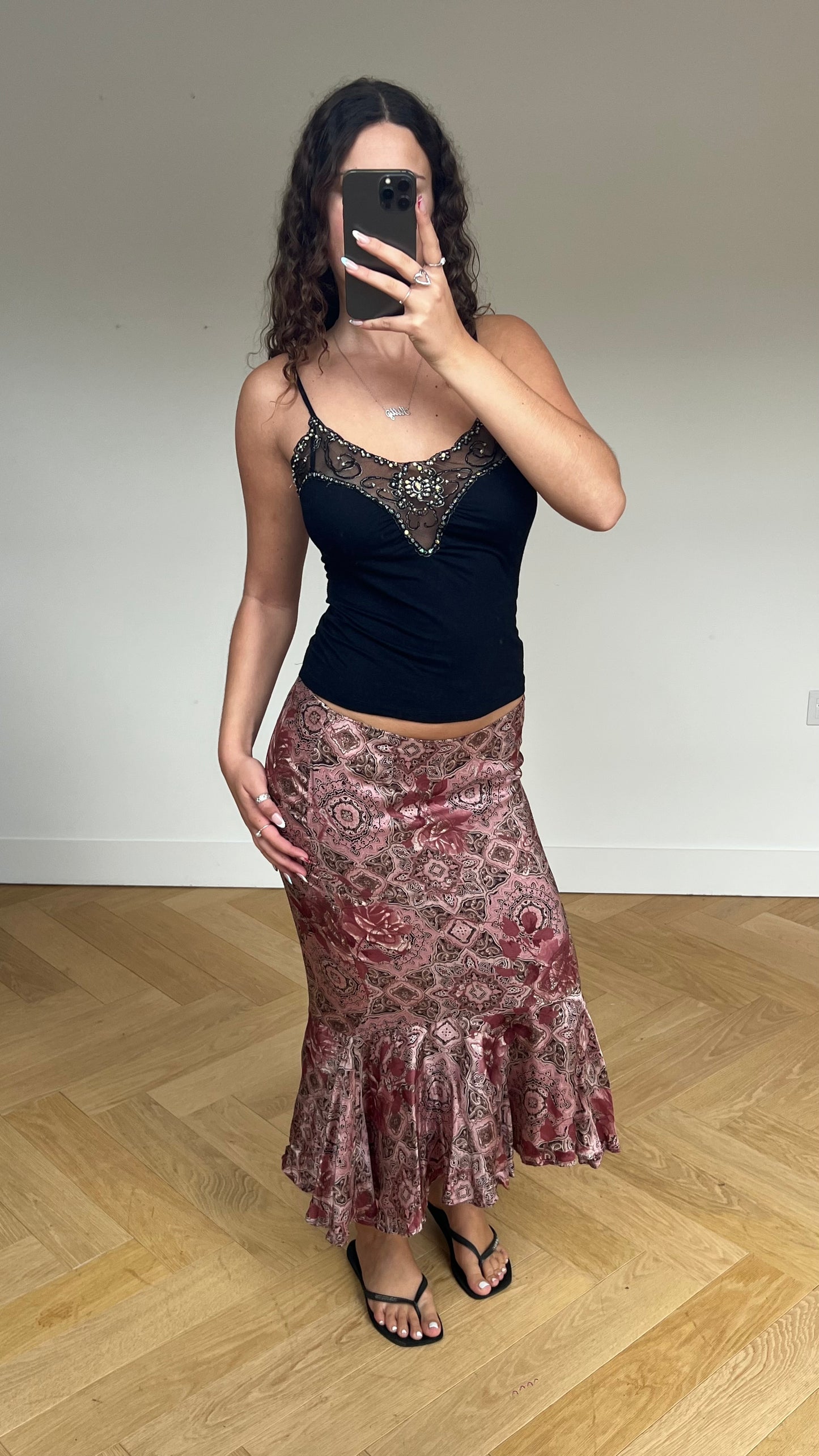 00s pink satin pattern maxi skirt- size M